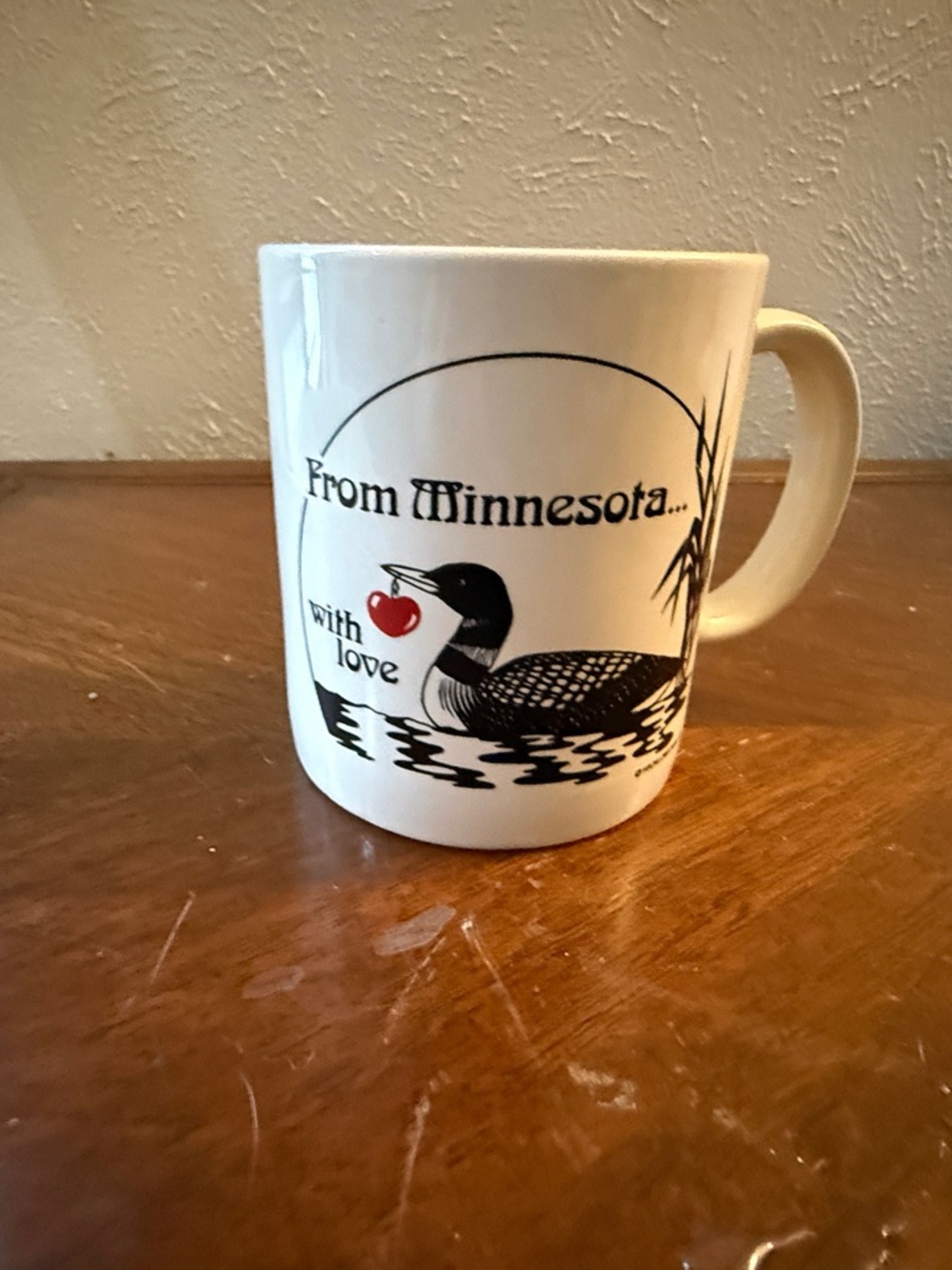 Vintage From Minnesota With Love White Ceramic Mug with Loon and Cherry